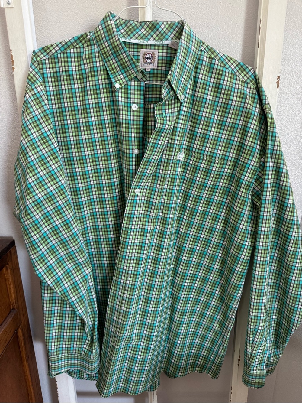 Cinch Green and Teal Plaid Button-Down Shirt